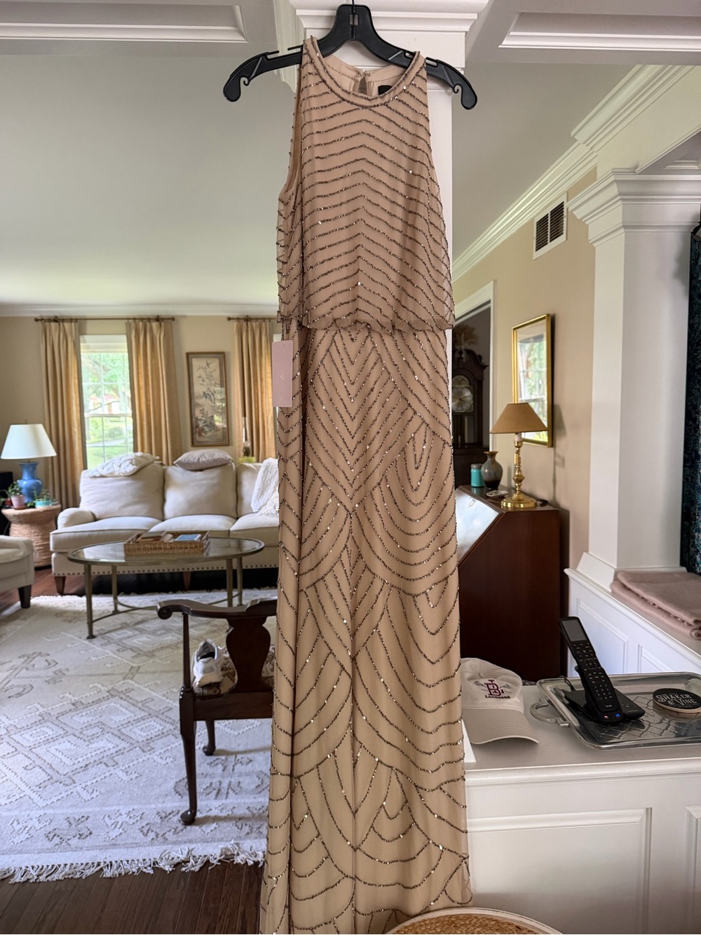 Adrianna Papell Champagne Beaded Layered Evening Dress